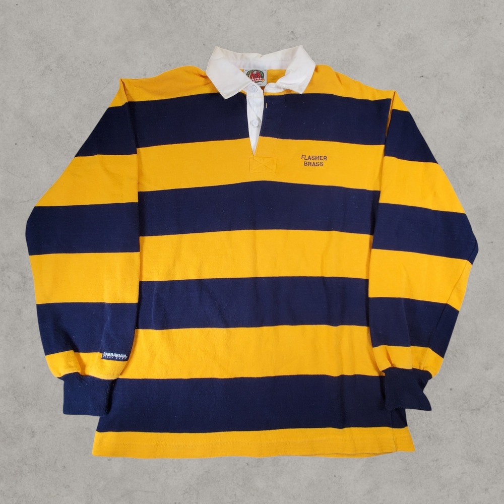 Barbarian Rugby Wear Shirt Mens XXL Yellow Navy Blue Striped Long Sleeve Rugby